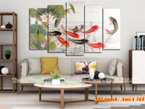 Tranh đẹp treo phòng khách cá chép hoa sen AmiA 368