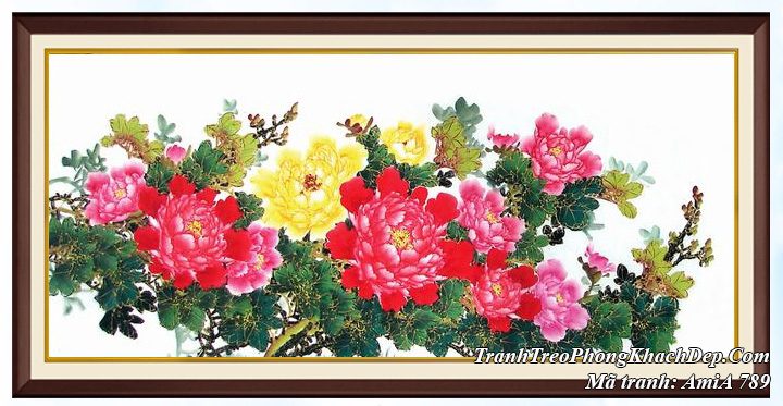 Tranh AmiA 789 hoa mẫu đơn phong thủy 9 bông khổ lớn