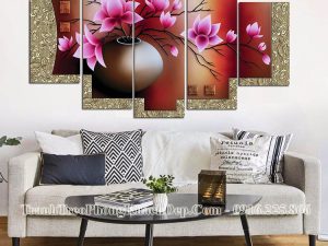 Tranh AmiA 1086 treo phòng khách đẹp nhất bình hoa sen đất