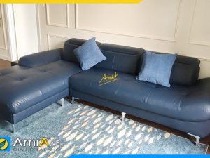 Ghế sofa góc chữ L bọc da màu xanh sang trọng kê phòng khách AmiA346